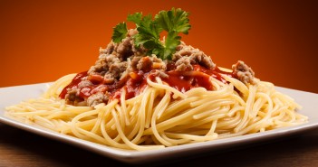 Pasta with meat, tomato sauce vegetables